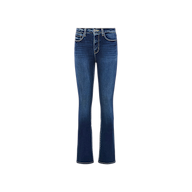 The Selma Bootcut Jean is a pair of blue high-rise jeans crafted from stretch denim with slight fading, designed to fit through the thighs and finished with a slim bootcut at the hem, shown on a plain white background.