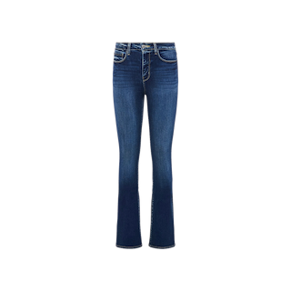 The Selma Bootcut Jean is a pair of blue high-rise jeans crafted from stretch denim, showcasing subtle fading on the thighs, front pockets, and a button closure, displayed against a plain white background.