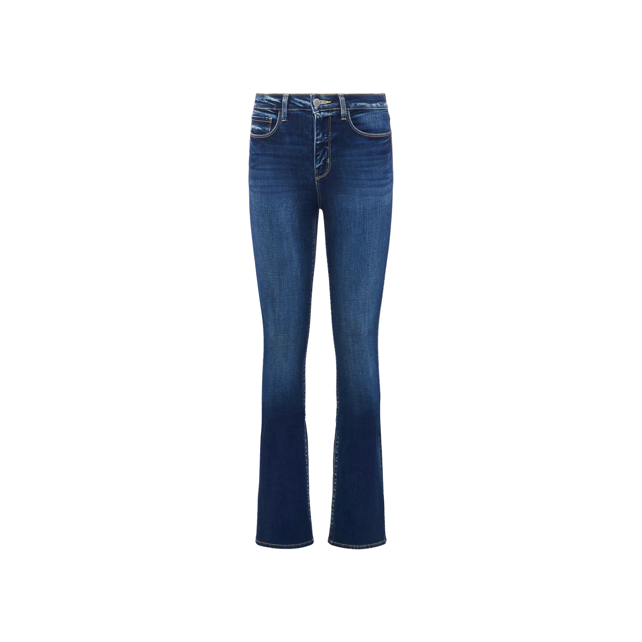 The Selma Bootcut Jean is a pair of blue high-rise jeans crafted from stretch denim with slight fading, designed to fit through the thighs and finished with a slim bootcut at the hem, shown on a plain white background.
