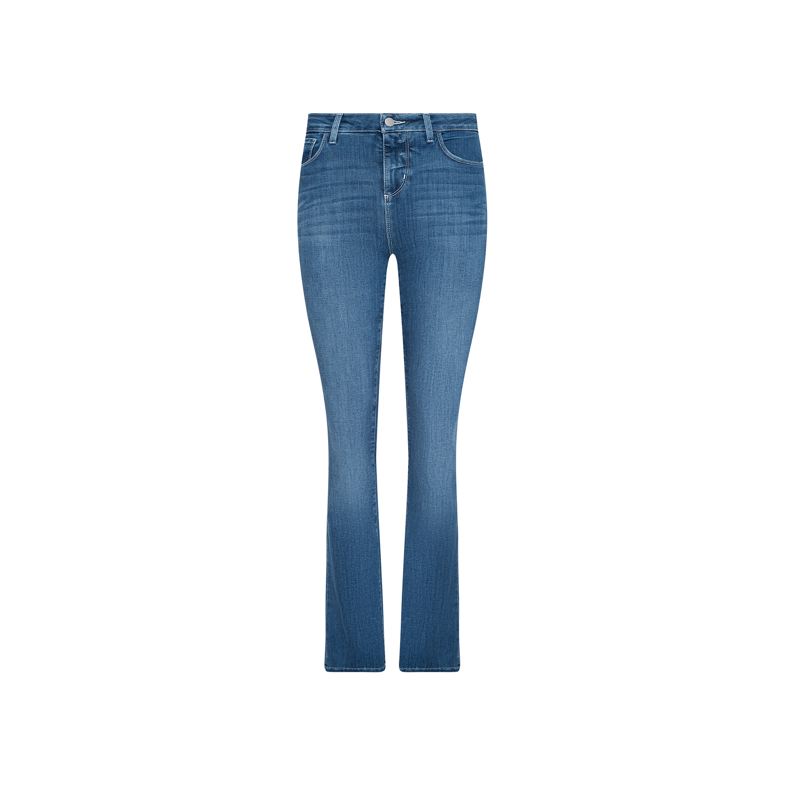 A pair of Selma Bootcut Jeans with a fitted waist and straight legs, crafted from super stretch denim in a classic dark wash, displayed on a white background.