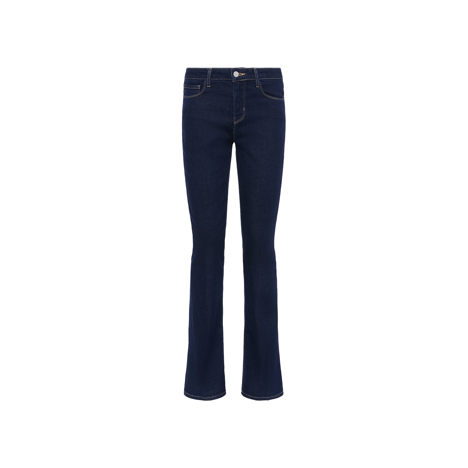 The Selma Bootcut Jean is crafted from dark blue stretch denim in a high-rise bootcut silhouette, featuring front and back pockets with button and zipper closure, displayed on a plain white background.