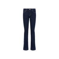Selma Bootcut Jean in dark blue features a high-rise fit, front and back pockets, contrast stitching, and a button and zipper closure. Crafted from stretch denim and showcased against a plain white background.