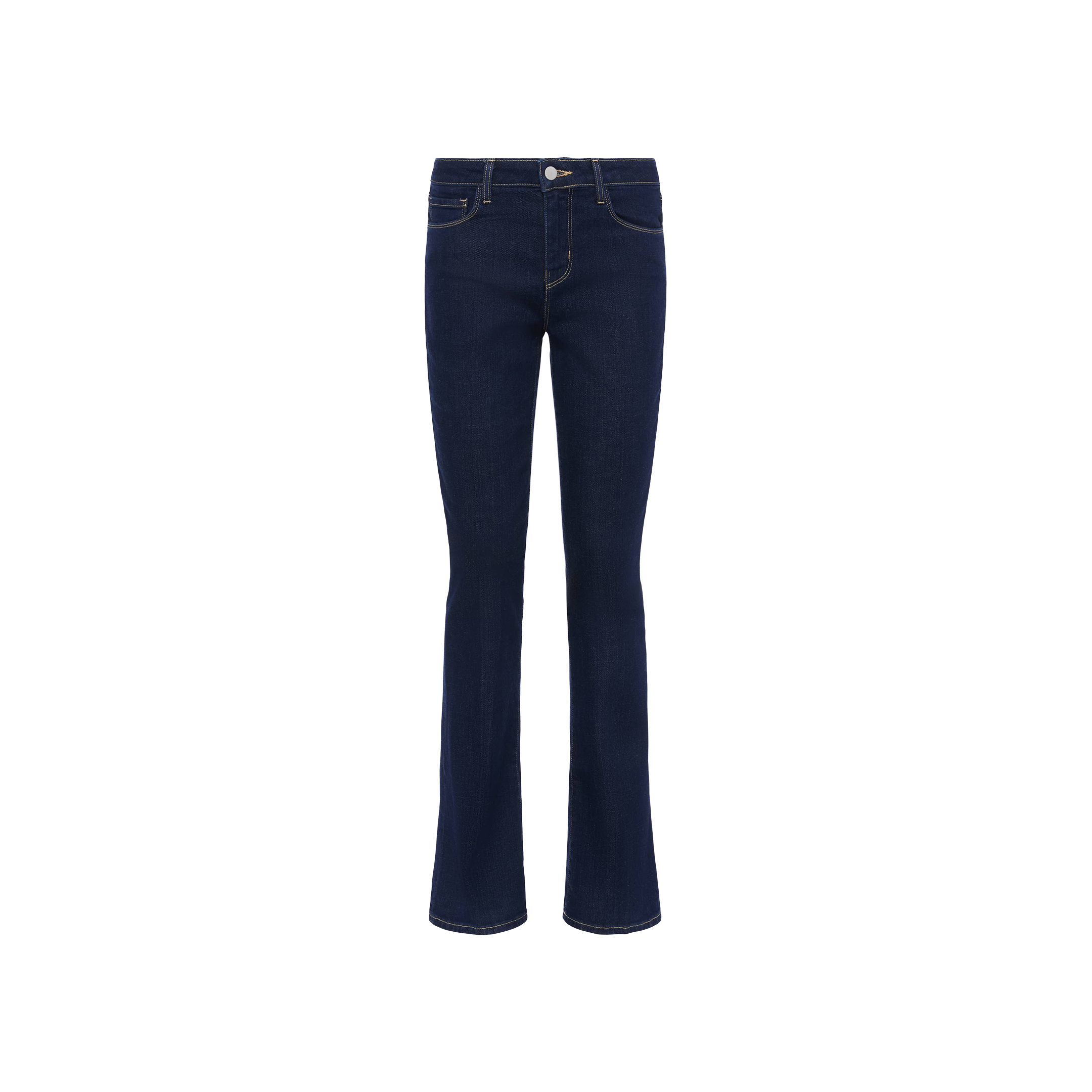 Selma Bootcut Jean in dark blue features a high-rise fit, front and back pockets, contrast stitching, and a button and zipper closure. Crafted from stretch denim and showcased against a plain white background.