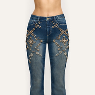 Selma Embellished Bootcut Jean in medium-wash denim, featuring floral-patterned crystal and bead embellishments on the hips and thighs.