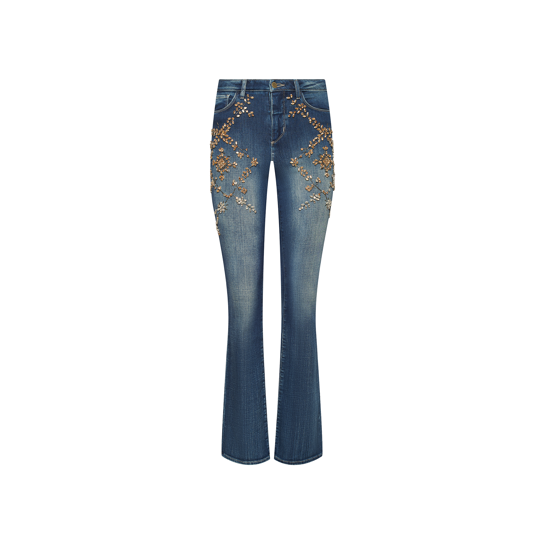 Selma Embellished Bootcut Jean in medium-wash, featuring intricate bronze-toned beaded and crystal details on the hips and thighs.