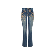 Selma Embellished Bootcut Jean in medium-wash, featuring intricate bronze-toned beaded and crystal details on the hips and thighs.
