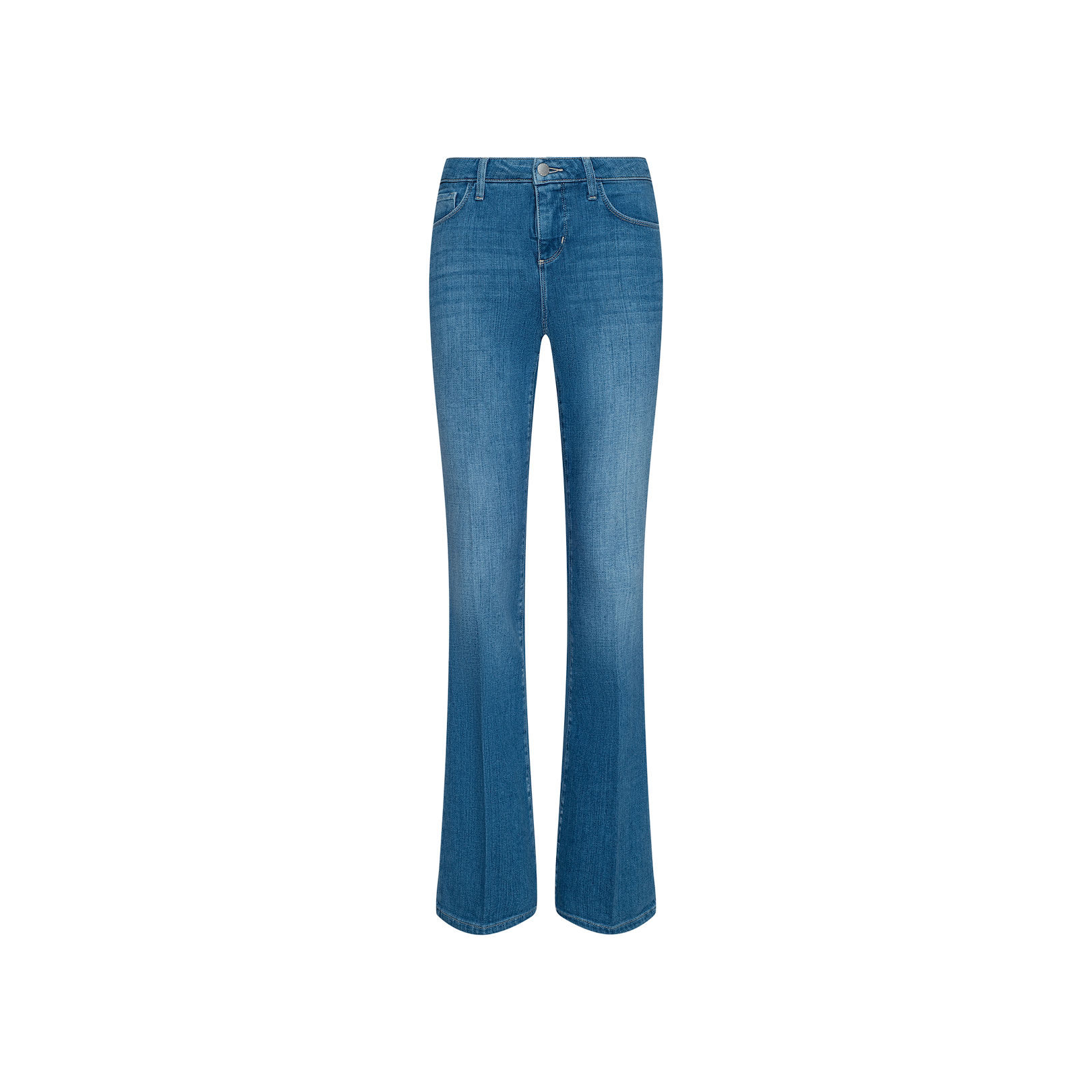 Introducing the Selma Bootcut Jean, a pair of blue, high-waisted jeans crafted from stretch denim. Featuring a contoured waistband, button and zip closure, and classic front and back pockets, these bootcut jeans are displayed against a white background.