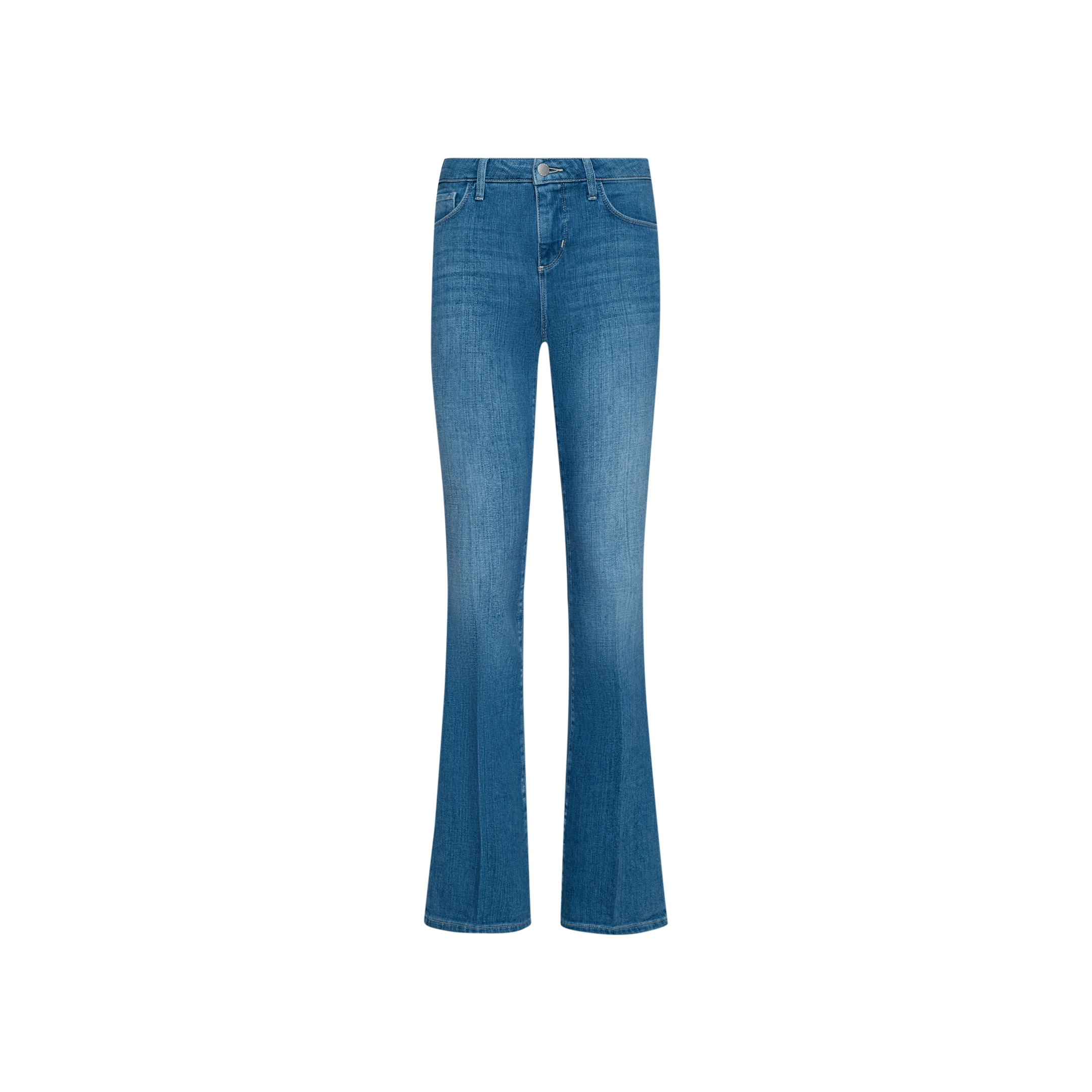 The Selma Bootcut Jean, featuring blue stretch denim, a slight flare at the bottom, and a contoured waistband, is displayed on a plain white background.