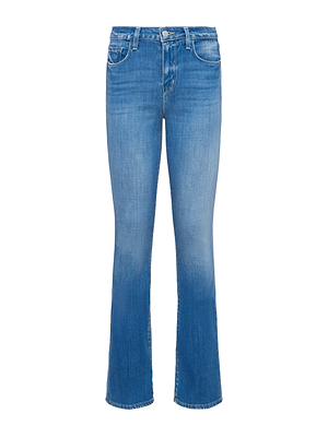 The Selma Bootcut Jean by L'AGENCE Sale features a medium wash, slight flare, light thigh fading, classic five-pocket style, and button-zipper closure.