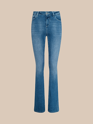 The Selma Bootcut Jean is a pair of blue, high-waisted bootcut jeans in medium wash stretch denim with front and back pockets, shown on a plain beige background.