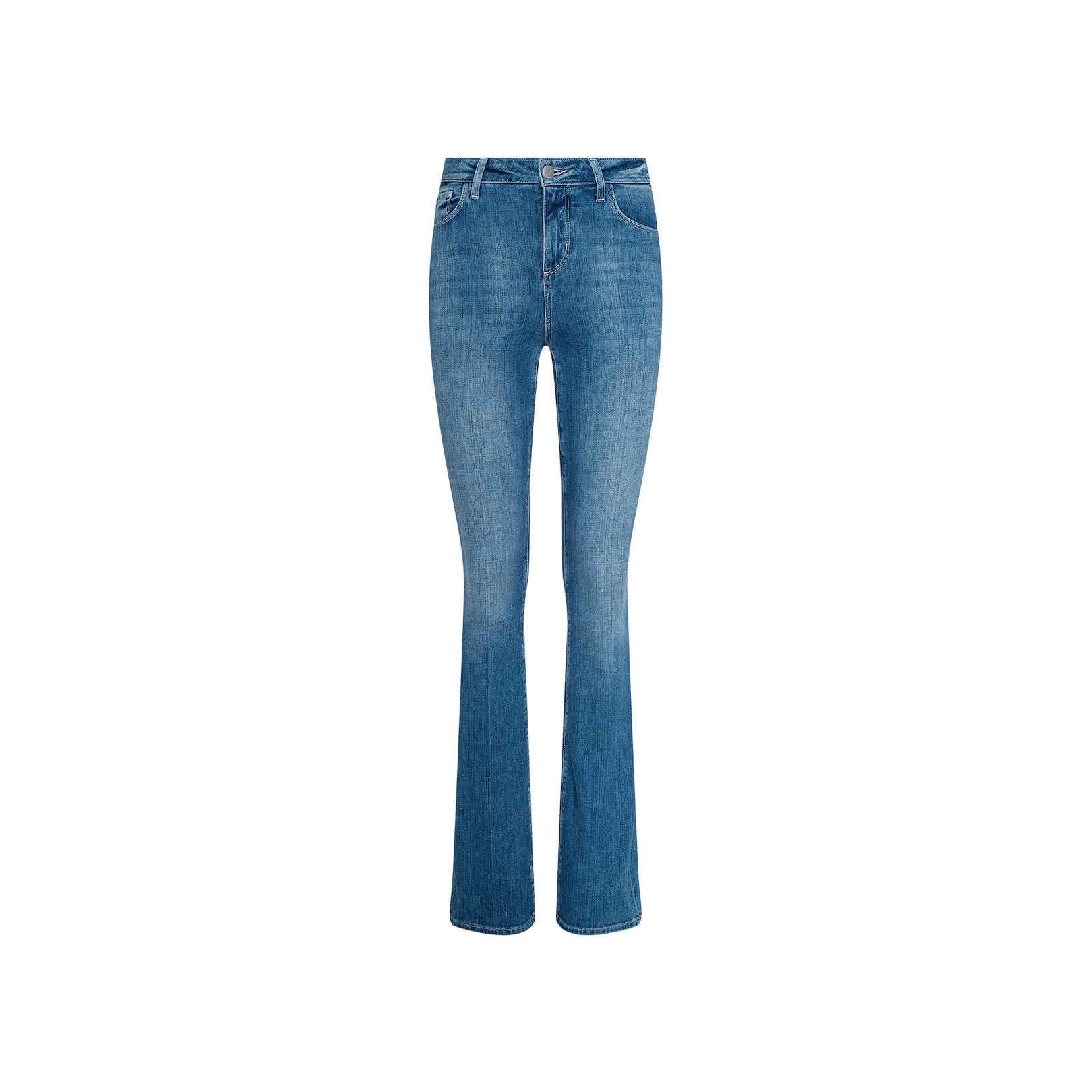 The Selma Bootcut Jean is a pair of blue stretch denim jeans featuring a fitted waist, contoured waistband, front and back pockets, and a slight flare at the ankles, displayed on a plain white background.