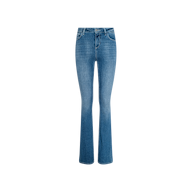 The Selma Bootcut Jean is a pair of blue stretch denim jeans featuring a fitted waist, contoured waistband, front and back pockets, and a slight flare at the ankles, displayed on a plain white background.