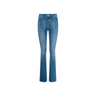 The Selma Bootcut Jean is a pair of blue stretch denim jeans featuring a fitted waist, contoured waistband, front and back pockets, and a slight flare at the ankles, displayed on a plain white background.