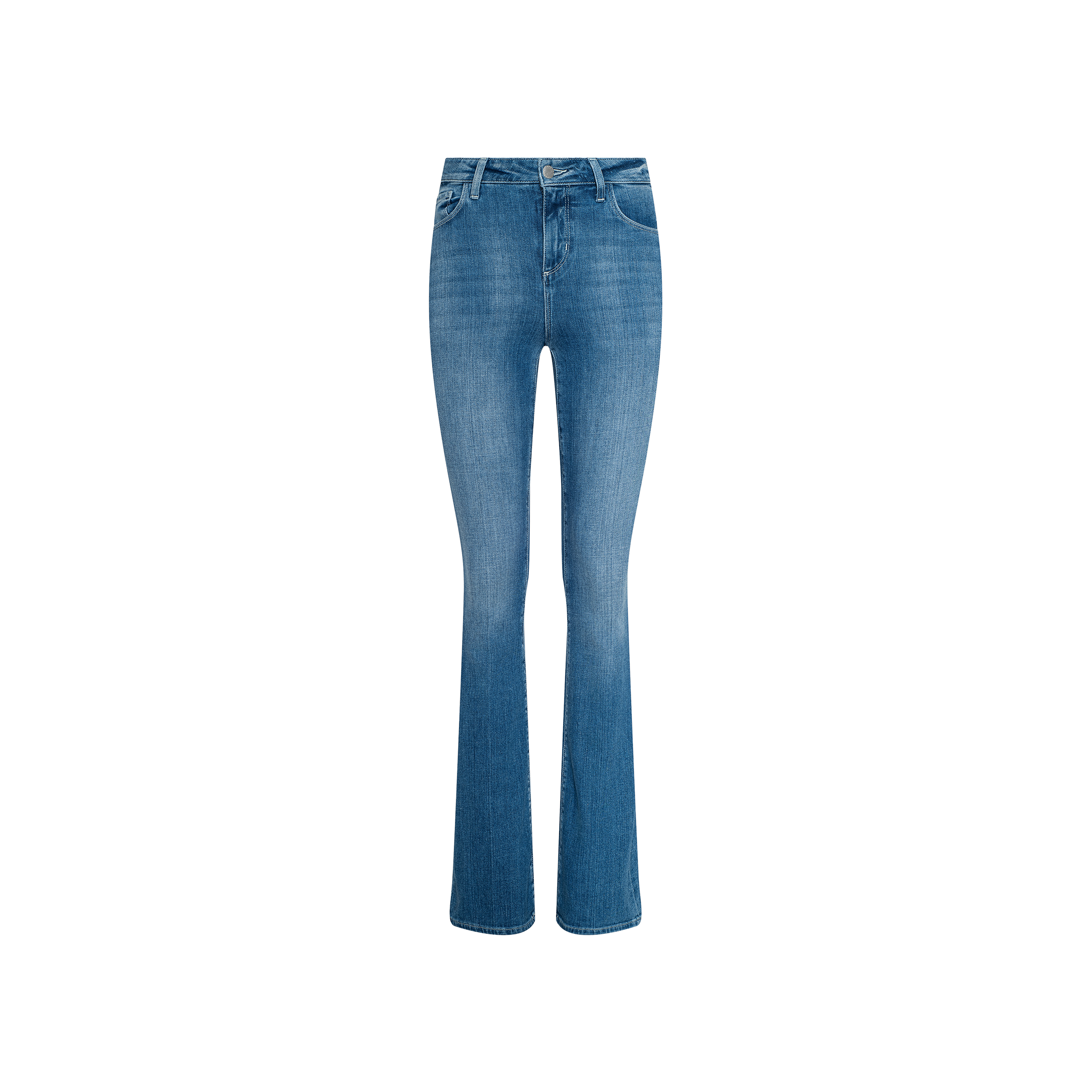 The Selma Bootcut Jean is a pair of blue stretch denim jeans featuring a fitted waist, contoured waistband, front and back pockets, and a slight flare at the ankles, displayed on a plain white background.