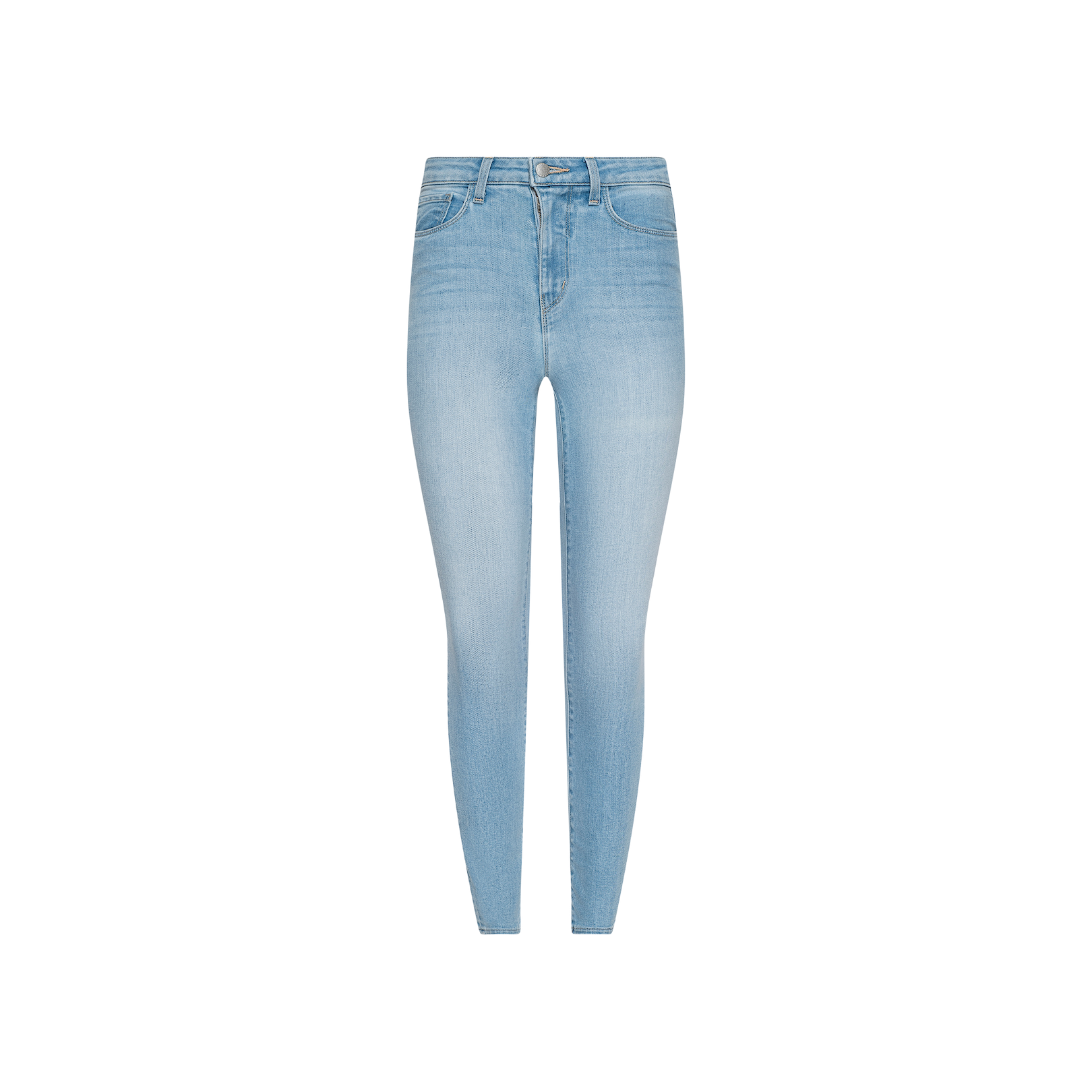 Monique Skinny Jean in light blue, crafted from stretch denim with a high-rise waist, front pockets, and belt loops, showcased against a plain white background.