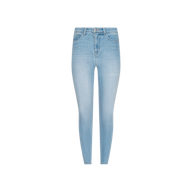 Monique Skinny Jean in light blue, crafted from stretch denim with a high-rise waist, front pockets, and belt loops, showcased against a plain white background.
