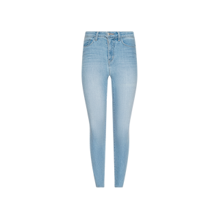Monique Skinny Jean in light blue, crafted from stretch denim with a high-rise waist, front pockets, and belt loops, showcased against a plain white background.