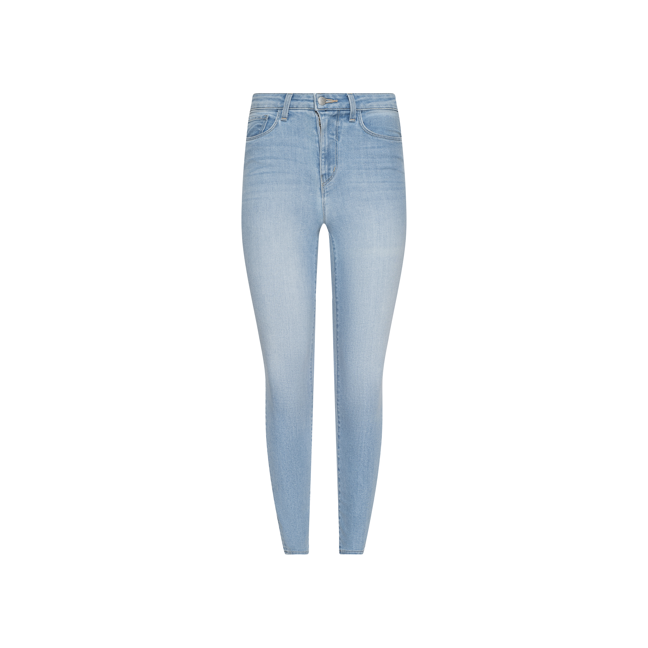 Monique Skinny Jean in light blue, crafted from stretch denim with a high-rise waist, front pockets, and belt loops, showcased against a plain white background.