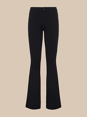 The Marty Flare Pant features a high waist, button closure, and slim fit through the thighs with a graceful flare below the knee. Shown in black against a beige background for a chic and flattering look.