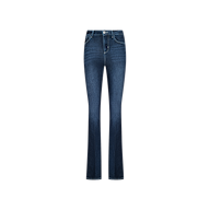 The Marty Flare Jean is crafted from stretch denim in dark blue, featuring a high-rise waist, flare-leg silhouette, and both front and back pockets, shown against a plain white background.