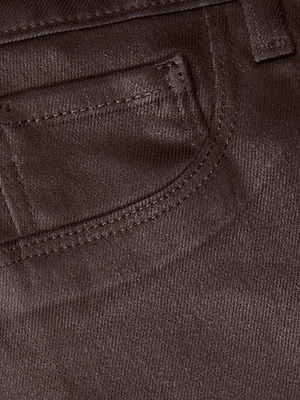 Close-up of the front pocket and stitching on the L'AGENCE Marty Coated Flare Jean in brown.