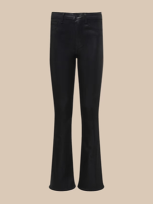 The Marty Coated Flare Jean is a high-rise black bootcut style with a slight ankle flare, crafted from coated denim. It features front and back pockets, belt loops, and a button-zipper closure, shown on a beige background.