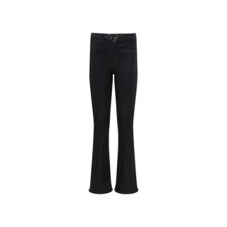 A pair of Marty Coated Flare Jeans in black is displayed against a plain white background. These flared jeans feature a high waist, front and back pockets, and a button and zipper closure.