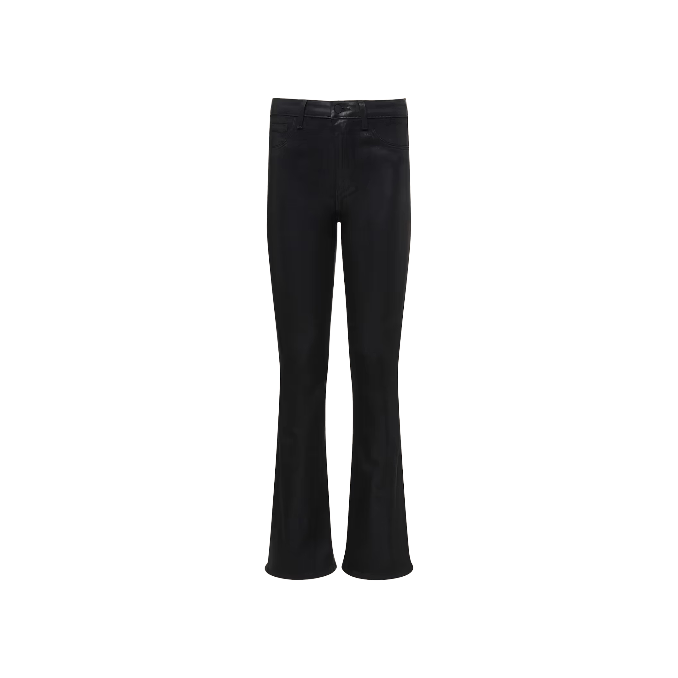 The Marty Coated Flare Jean is crafted from black coated denim and features a fitted waist, front zipper, and flared legs, shown here against a plain white background.