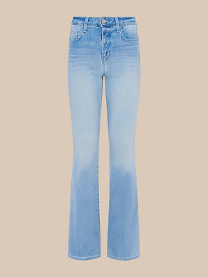 Marty Flare Jean in light blue features a high rise, straight-leg fit with a slight flare hem, front pockets, and button fly. Made from super stretch denim and shown on a beige background.