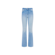 The Marty Flare Jean in light blue is showcased against a plain white background. Crafted from super stretch denim, these high-rise, bootcut jeans feature a button and zipper closure, front and back pockets, and a slightly faded wash effect on the thighs and knees.