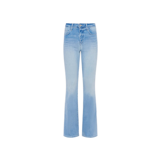 Marty Flare Jean in light blue features a high-rise fit and subtle flare-leg silhouette, designed with a front zipper and button closure, classic five-pocket styling, and crafted from super stretch denim. Displayed on a plain white background.