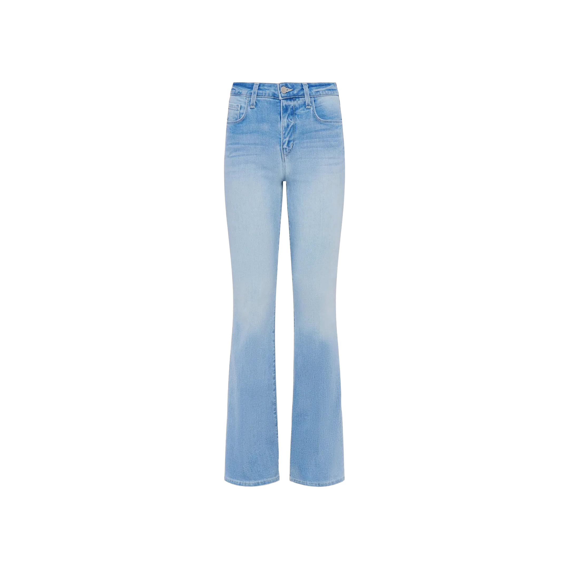 The Marty Flare Jean in light blue is showcased against a plain white background. Crafted from super stretch denim, these high-rise, bootcut jeans feature a button and zipper closure, front and back pockets, and a slightly faded wash effect on the thighs and knees.