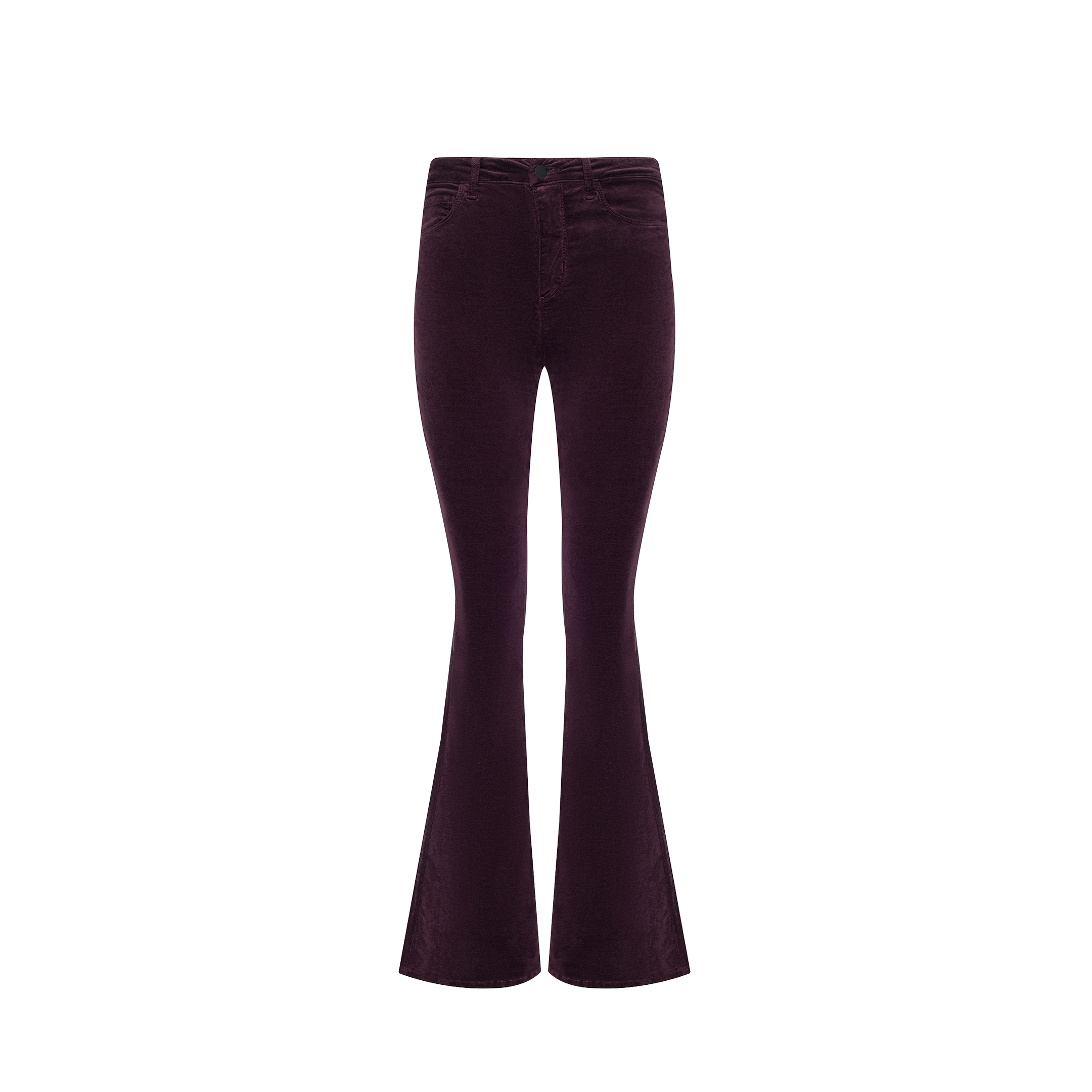 The Marty Velvet Pant in dark purple features a high waist, stretch velvet fabric, and flare-leg silhouette, shown against a white background.
