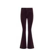 The Marty Velvet Pant in dark purple features a high waist, stretch velvet fabric, and flare-leg silhouette, shown against a white background.