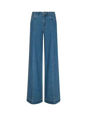 The Sandy Wide-Leg Jean, made from featherweight blue denim, features a high rise, button and zipper closure, front and back pockets, and visible seam details. Shown against a white background.