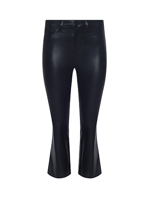 The Kendra Coated Cropped Flare Jean by L'AGENCE features a high-rise fit in black coated denim with a slight flare at the hem, shown against a white background.