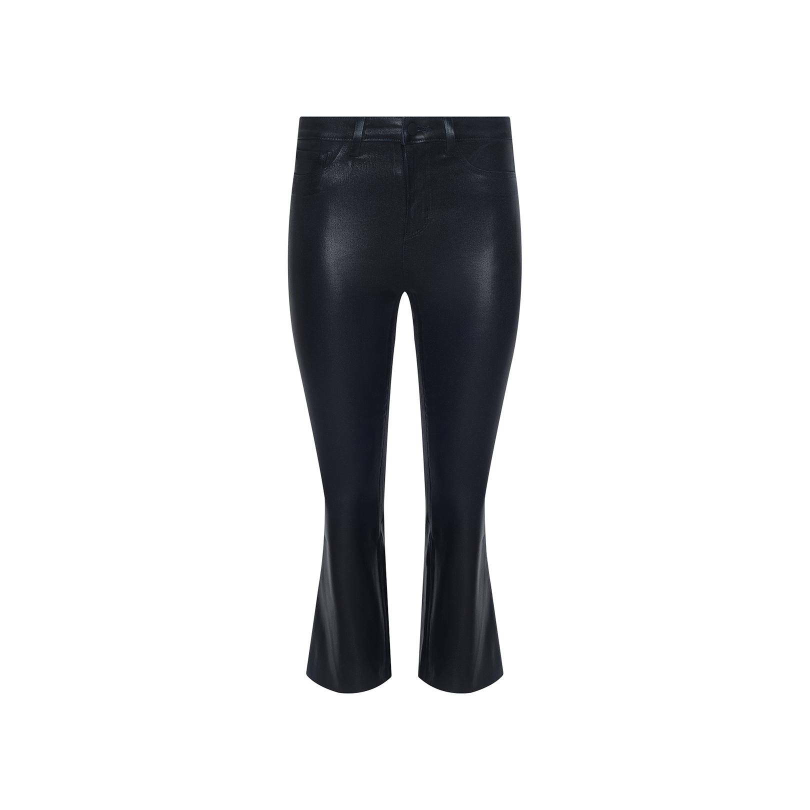 The Kendra Coated Cropped Flare Jean, featuring a flattering high rise and a slight flare at the bottom in sleek black faux leather, is displayed front-facing on a plain white background.