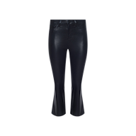 The Kendra Coated Cropped Flare Jean, featuring a flattering high rise and a slight flare at the bottom in sleek black faux leather, is displayed front-facing on a plain white background.