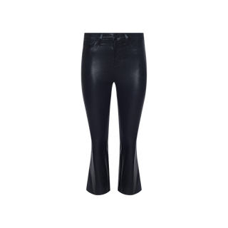 The Kendra Coated Cropped Flare Jean, featuring a flattering high rise and a slight flare at the bottom in sleek black faux leather, is displayed front-facing on a plain white background.