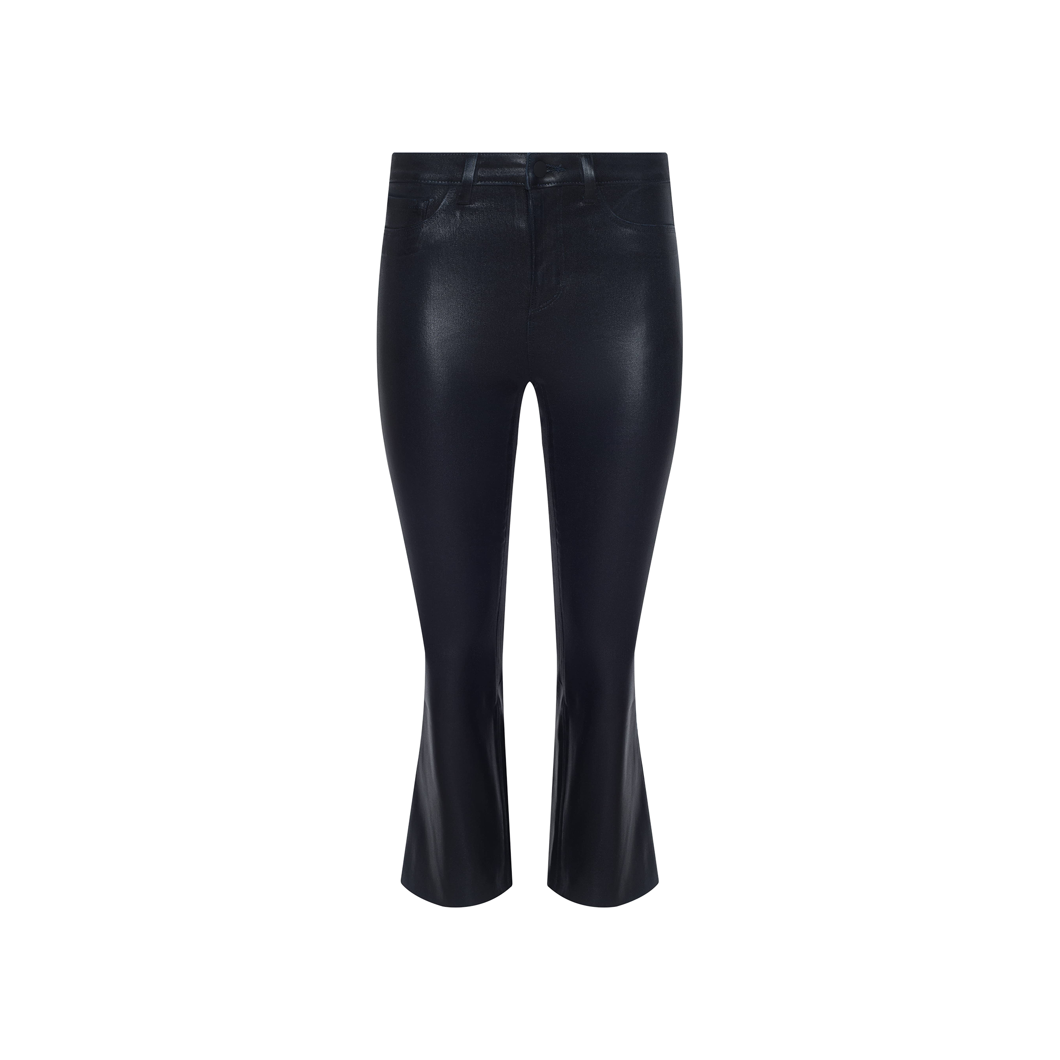The Kendra Coated Cropped Flare Jean, featuring a flattering high rise and a slight flare at the bottom in sleek black faux leather, is displayed front-facing on a plain white background.