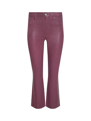 The Kendra Coated Cropped Flare Jean features a high-rise fit, button and zip closure, belt loops, and front pockets in shiny mauve or plum coated denim, shown on a plain white background.