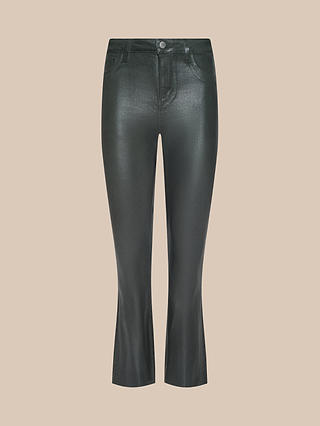 Kendra Coated Cropped Flare Jean in black faux leather features front pockets, belt loops, and a button closure, styled in a cropped flare silhouette and displayed on a light beige background.