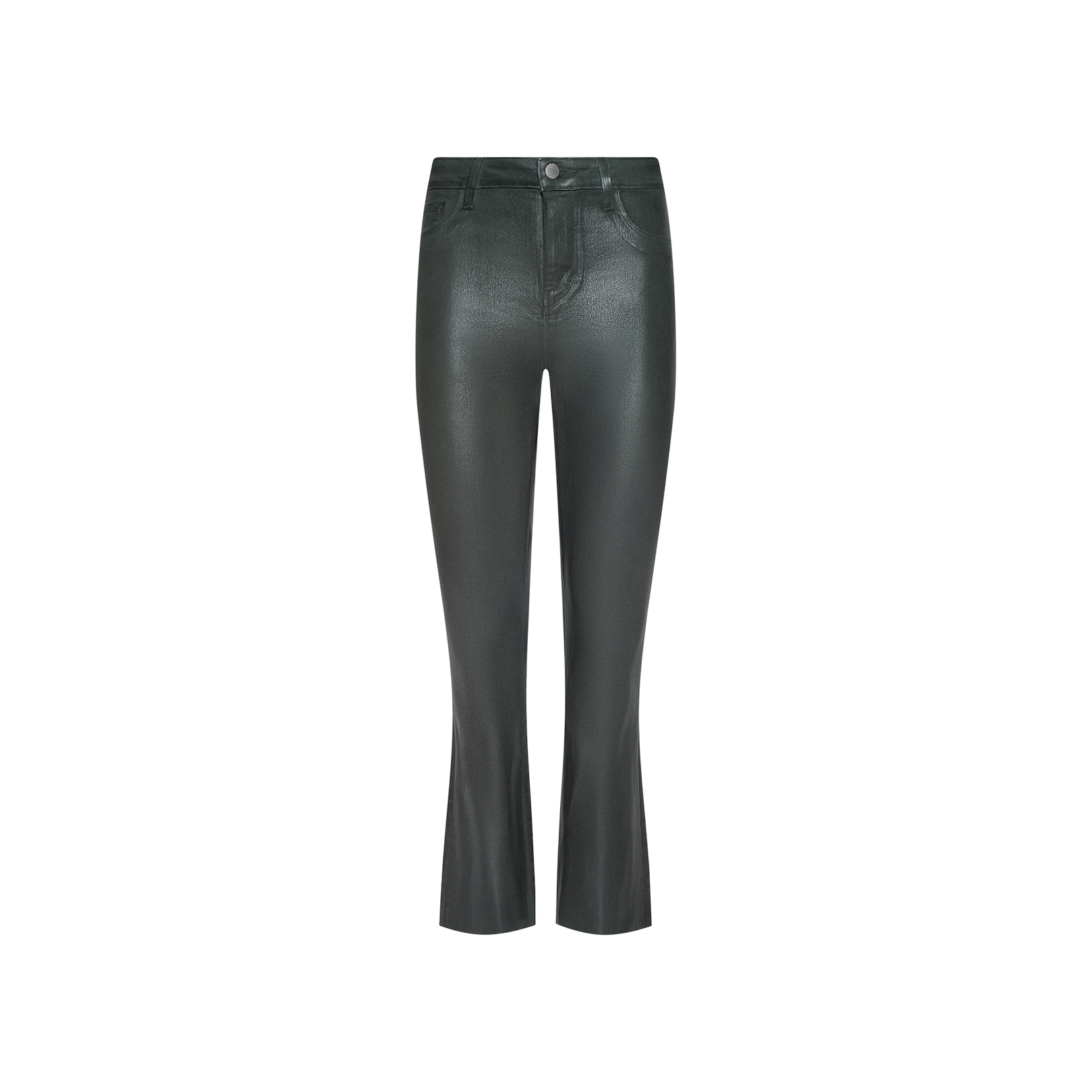 Kendra Coated Cropped Flare Jean in ash olive green, featuring a high waist, straight-leg fit, front pockets, button closure, and a slightly cropped flared hem, displayed on a white background.