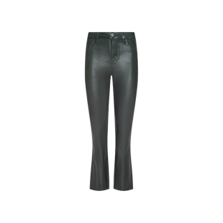 Kendra Coated Cropped Flare Jean in ash olive green, featuring a high waist, straight-leg fit, front pockets, button closure, and a slightly cropped flared hem, displayed on a white background.