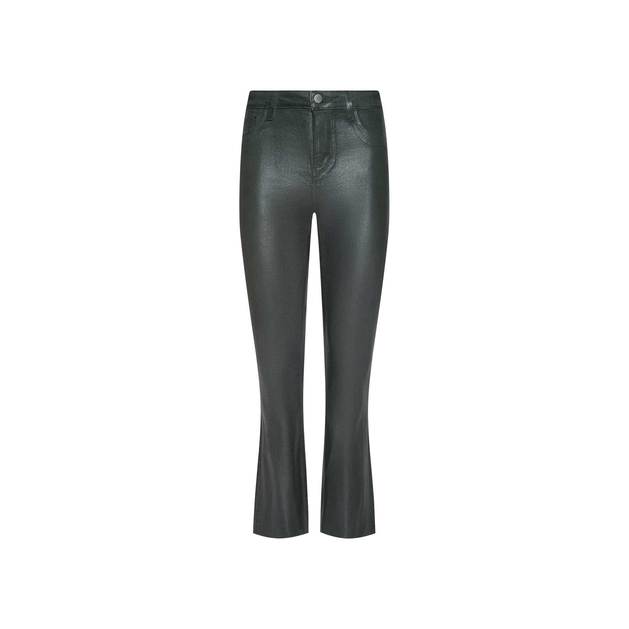 Kendra Coated Cropped Flare Jean in ash olive green, featuring a high waist, straight-leg fit, front pockets, button closure, and a slightly cropped flared hem, displayed on a white background.