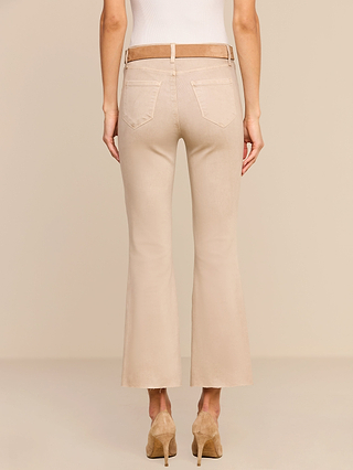 A woman wearing the Kendra Coated Cropped Flare Jean is standing with her back facing the camera against a plain, light background.