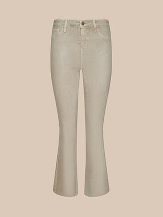Kendra Coated Cropped Flare Jean in beige, featuring a high rise, belt loops, button closure, and front pockets, displayed on a plain light background.
