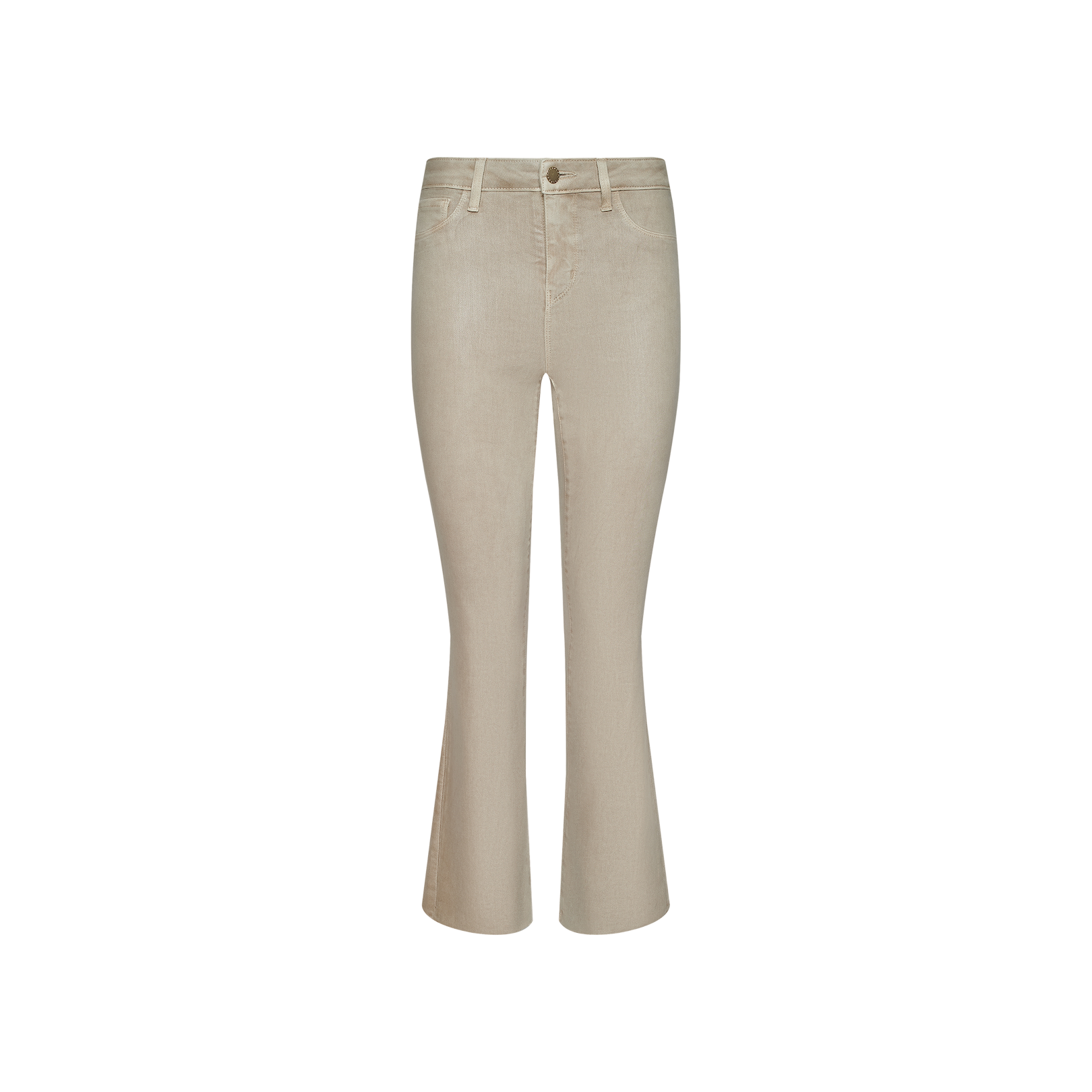 Kendra Coated Cropped Flare Jean in beige corduroy, featuring a high-rise fit, subtle cropped flare hem, front button and zip closure, and classic five-pocket styling, displayed on a plain white background.
