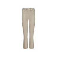 Kendra Coated Cropped Flare Jean in beige corduroy, featuring a high rise, front button and zipper closure, classic five-pocket design, and slightly flared cropped legs, displayed on a plain white background.