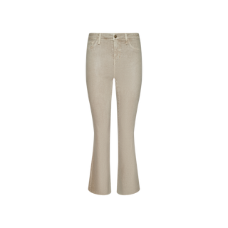 Kendra Coated Cropped Flare Jean in beige corduroy, featuring a high-rise fit, subtle cropped flare hem, front button and zip closure, and classic five-pocket styling, displayed on a plain white background.